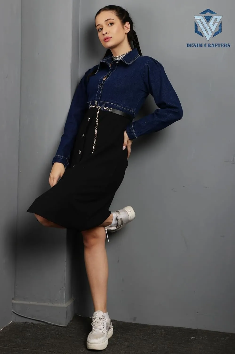 Denim Crafters Women's Denim Button-Down Dress, Light Blue Top with Black Skirt, Chain Belt Detail, Knee Length