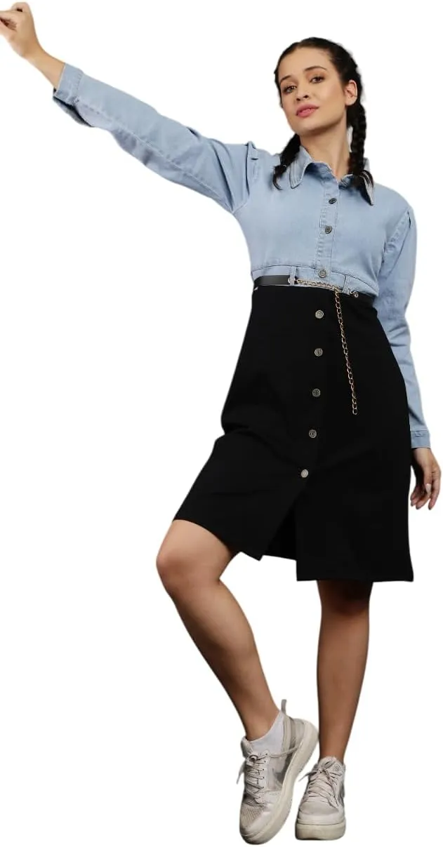 Denim Crafters Women's Denim Button-Down Dress, Light Blue Top with Black Skirt, Chain Belt Detail, Knee Length
