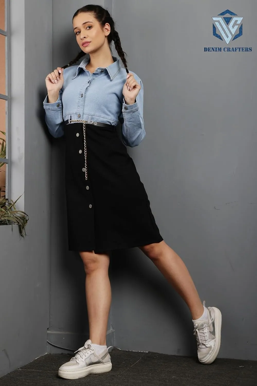 Denim Crafters Women's Denim Button-Down Dress, Light Blue Top with Black Skirt, Chain Belt Detail, Knee Length