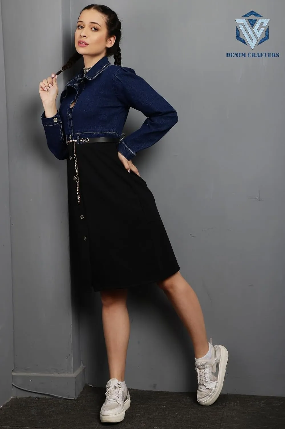 Denim Crafters Women's Denim Button-Down Dress, Light Blue Top with Black Skirt, Chain Belt Detail, Knee Length