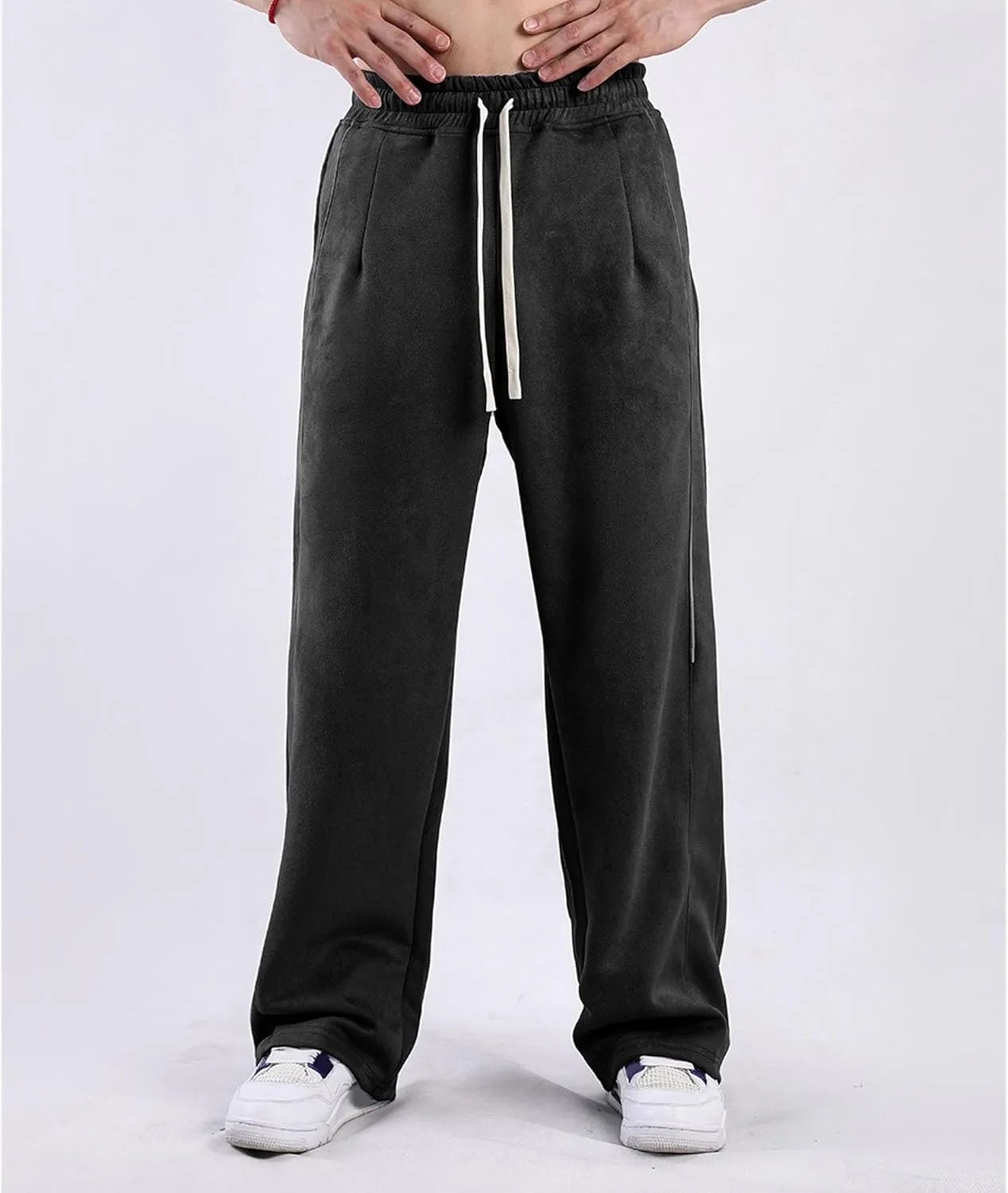 DGHM-JLMY Men's Loose Wide Leg Sweatpants Elastic Waist Regular Fit Straight Pant Stitching Side Seam Thick Casual Trousers