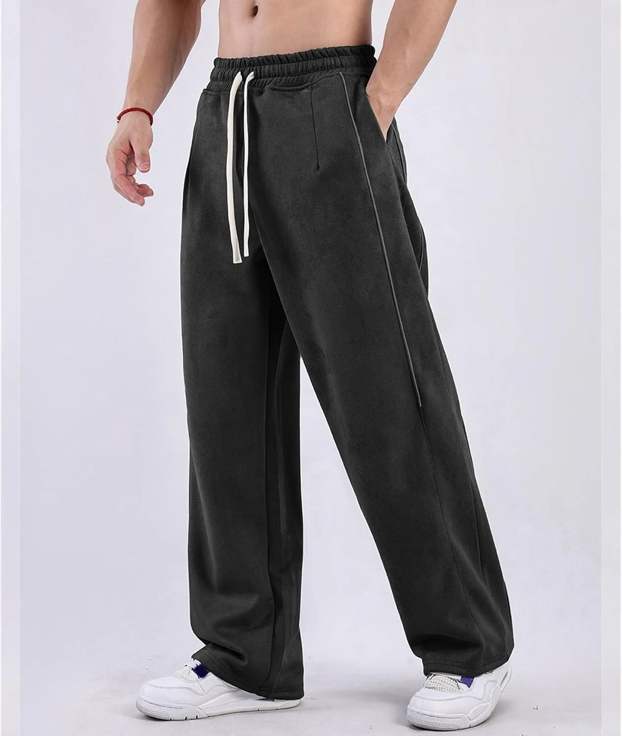 DGHM-JLMY Men's Loose Wide Leg Sweatpants Elastic Waist Regular Fit Straight Pant Stitching Side Seam Thick Casual Trousers