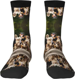 Dog Breed Print Fun Contrast Socks,Novel Crazy Cool Socks,Pattern Funky Novelty Socks,Unisex Bulk Socks
