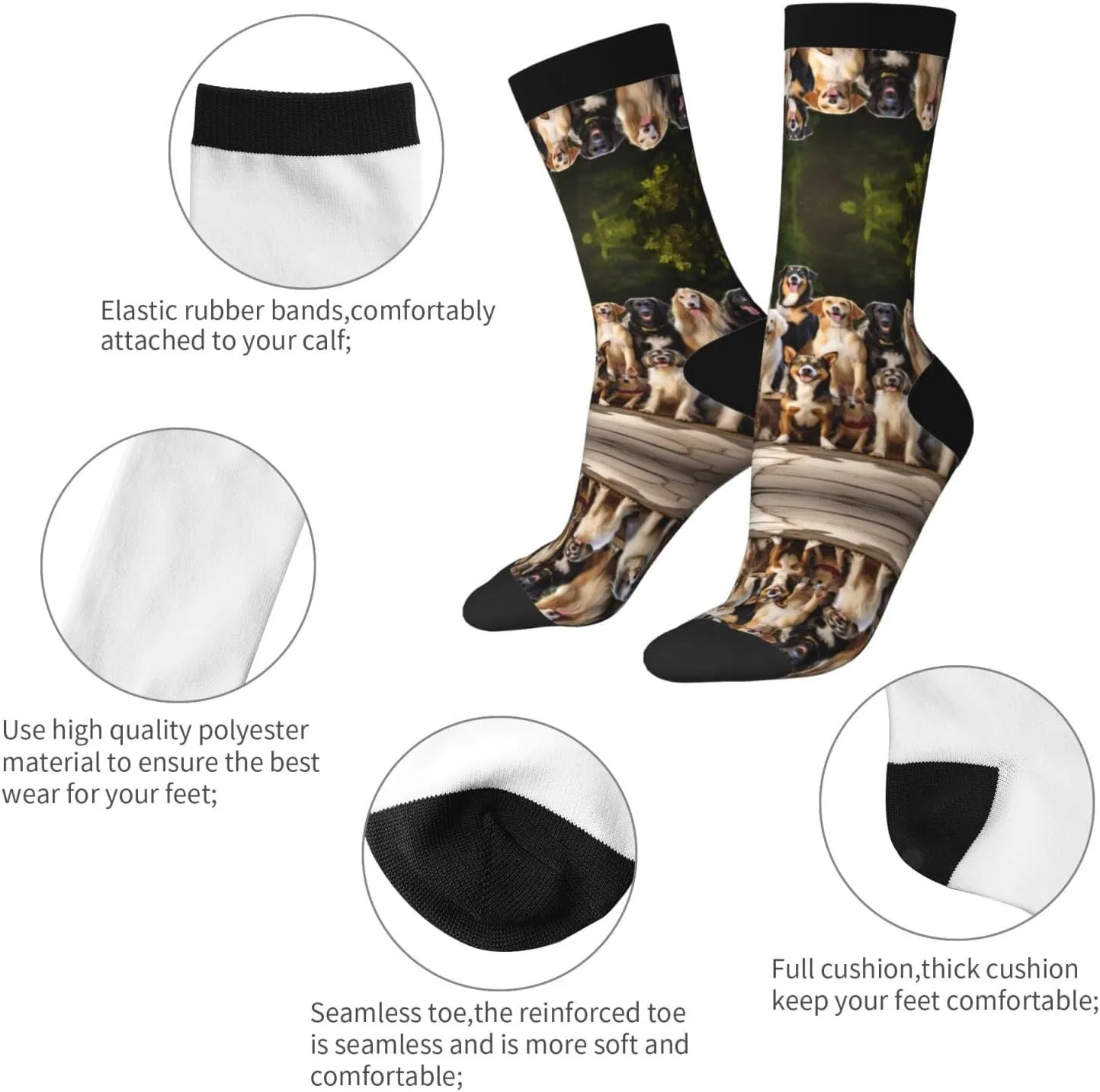 Dog Breed Print Fun Contrast Socks,Novel Crazy Cool Socks,Pattern Funky Novelty Socks,Unisex Bulk Socks