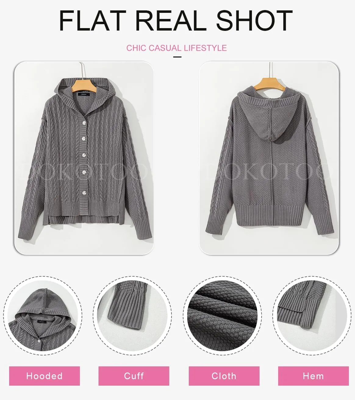 Dokotoo Oversized Sweaters for Women Casual Solid Long Sleeve Button Down Chunky Knit Hooded Cardigan Sweaters Coat