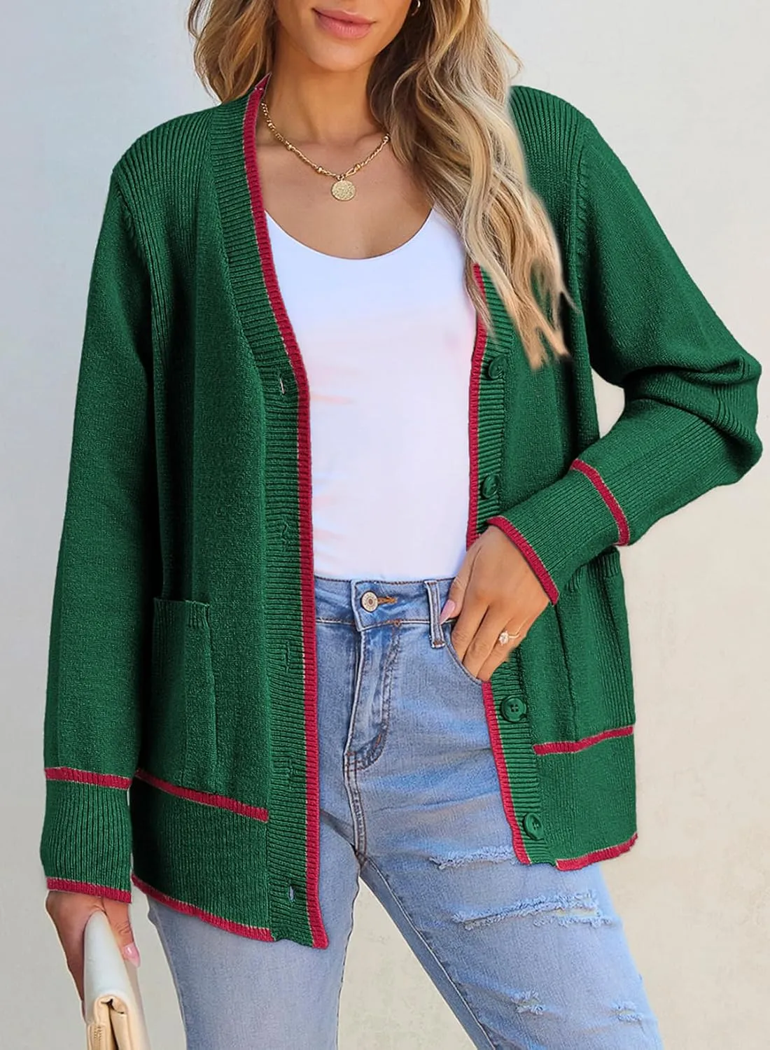 Dokotoo Short Cardigans for Women Color Blocked 2024 Fall Fashion Button Down Sweaters Winter Coats with Pockets