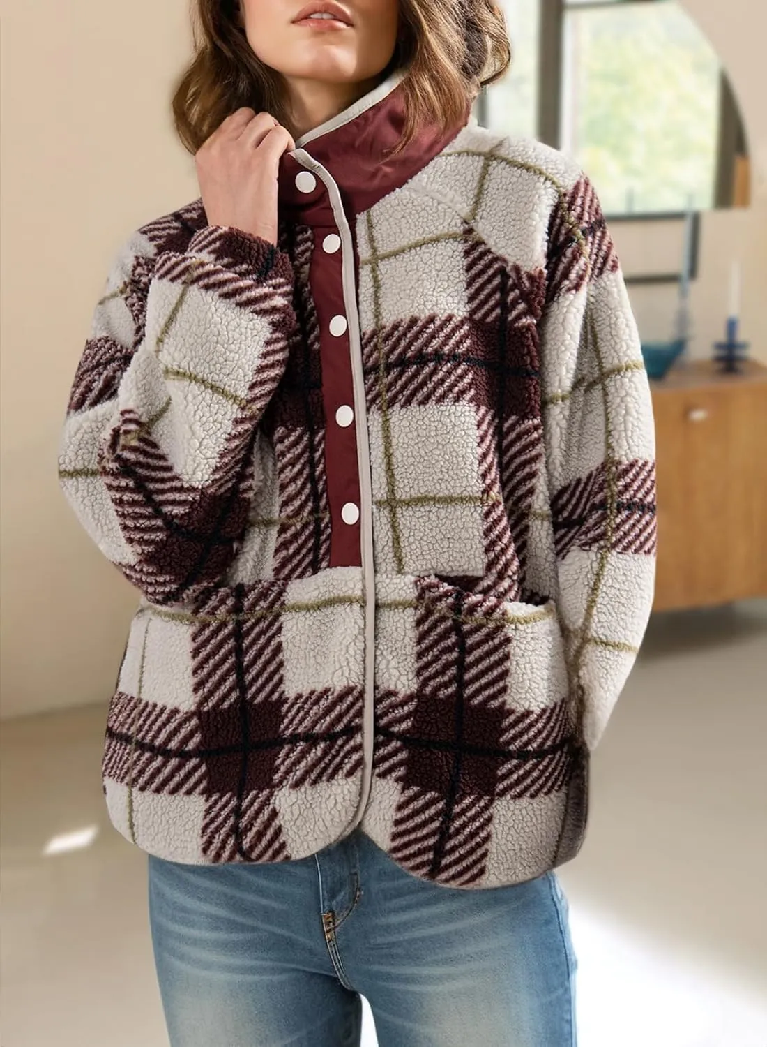 Dokotoo Women Fleece Jacket Casual Long Sleeve Sherpa Button Down Jackets for Women Printed Warm Coats With Pockets