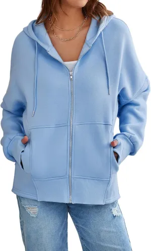 Dokotoo Womens Fleece Hoodies Loose Fit Drawstring Full Zip Up Fall Outfits Cozy Long Sleeve Hooded Oversized Sweatshirts for Women Solid Ribbed Cuff Warm Coats Jacket with Pockets M Sky Blue