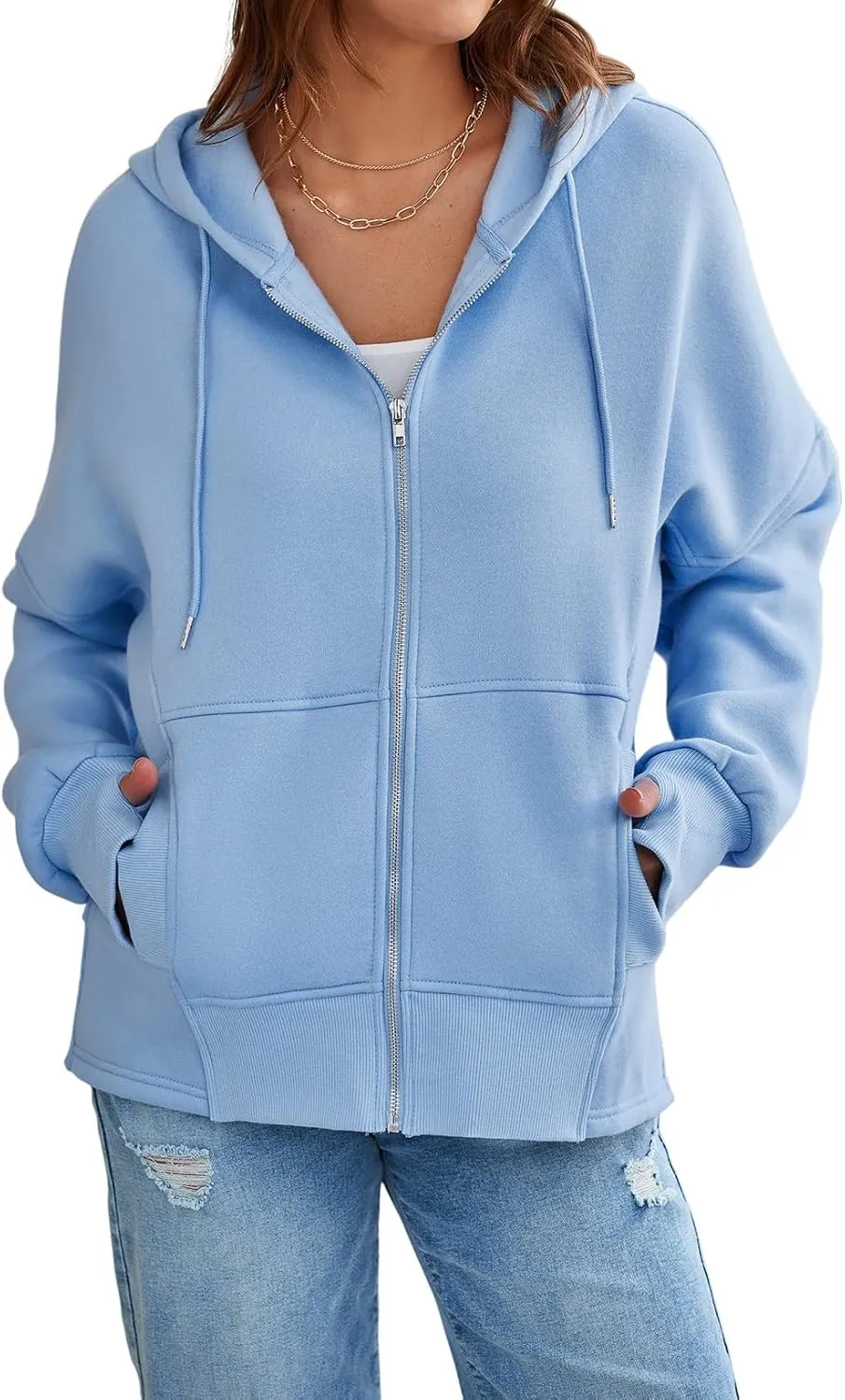 Dokotoo Womens Fleece Hoodies Loose Fit Drawstring Full Zip Up Fall Outfits Cozy Long Sleeve Hooded Oversized Sweatshirts for Women Solid Ribbed Cuff Warm Coats Jacket with Pockets M Sky Blue
