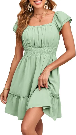 Dokotoo Womens Summer Dresses 2025 Ruffle Short Sleeve Shirred High Waist Tiered Smocked A-Line Casual Dress with Pocket