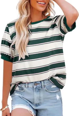 Dokotoo Womens Summer Tops 2025 Striped Color Block Short Sleeve T-Shirts Crewneck Casual Loose Basic Tee Blouses