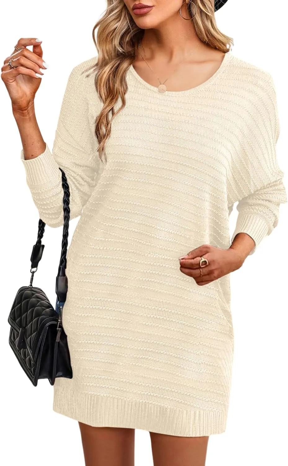 Dokotoo Womens Sweater Dresses 2024 Trendy Casual Crew Neck Long Sleeve Textured Pullover Knit Dress