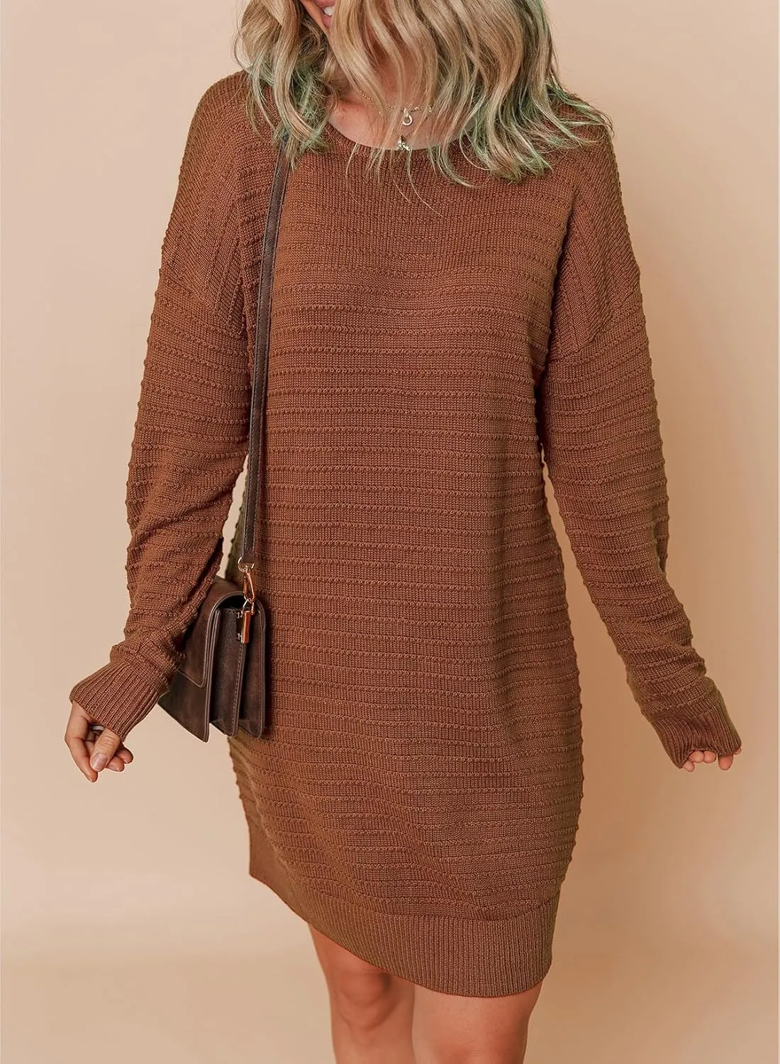 Dokotoo Womens Sweater Dresses 2024 Trendy Casual Crew Neck Long Sleeve Textured Pullover Knit Dress