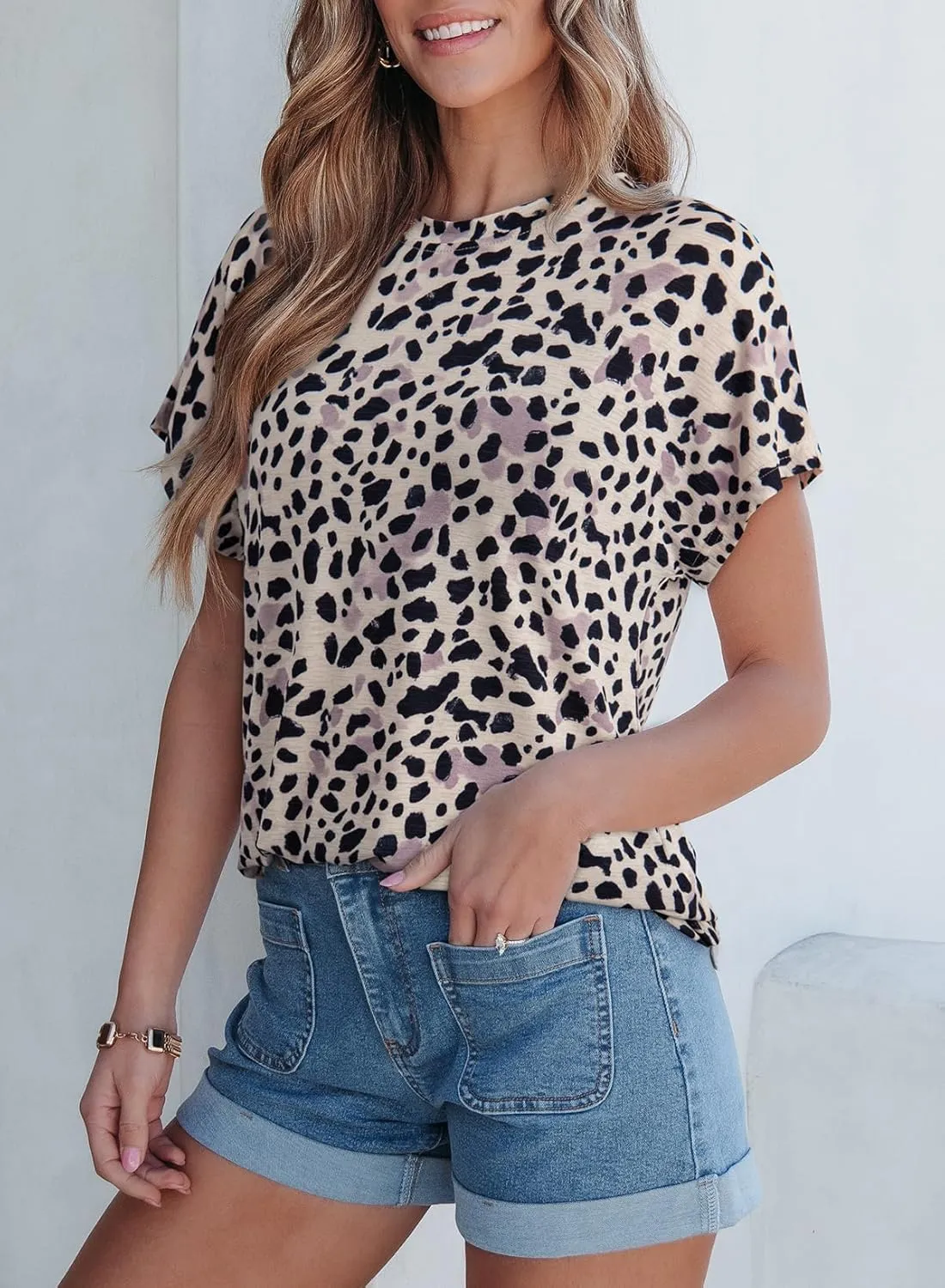Dokotoo Womens Tops Crewneck Floral Print Short Sleeve Summer T Shirts for Women Casual Loose Fit Blouses