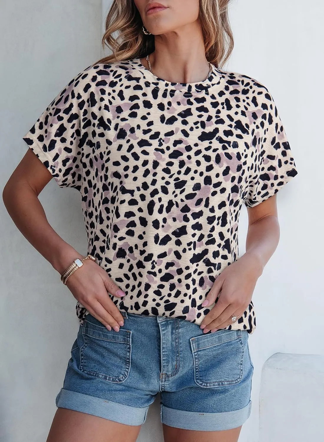 Dokotoo Womens Tops Crewneck Floral Print Short Sleeve Summer T Shirts for Women Casual Loose Fit Blouses