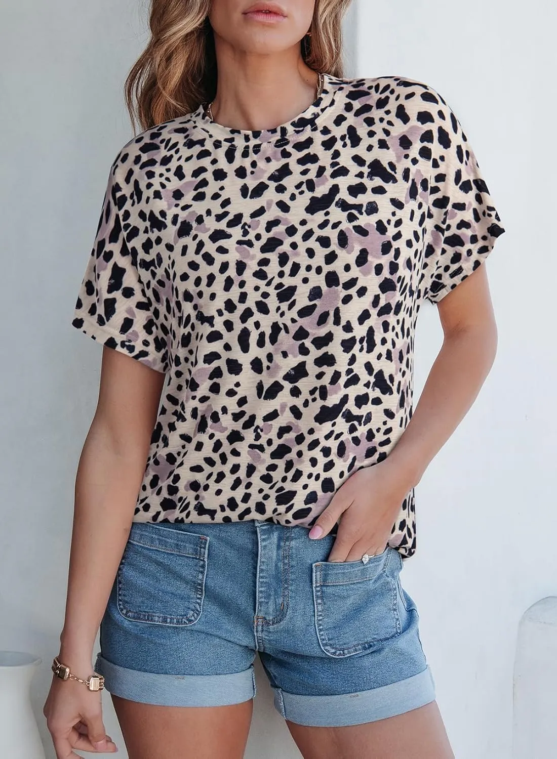 Dokotoo Womens Tops Crewneck Floral Print Short Sleeve Summer T Shirts for Women Casual Loose Fit Blouses