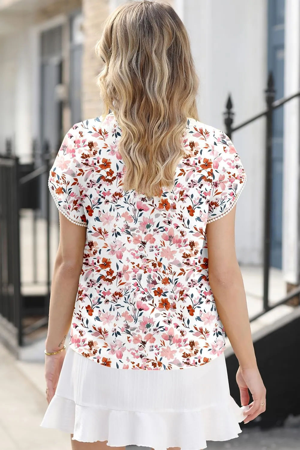 Dokotoo Womens Tops Summer Casual Boho Floral Print Short Sleeve Half Button Down V Neck Chiffon Blouses Shirts