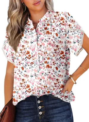 Dokotoo Womens Tops Summer Casual Boho Floral Print Short Sleeve Half Button Down V Neck Chiffon Blouses Shirts