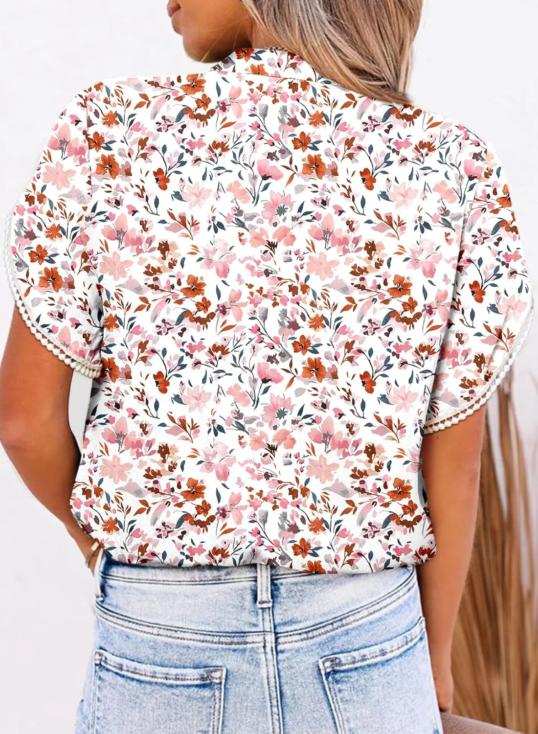Dokotoo Womens Tops Summer Casual Boho Floral Print Short Sleeve Half Button Down V Neck Chiffon Blouses Shirts