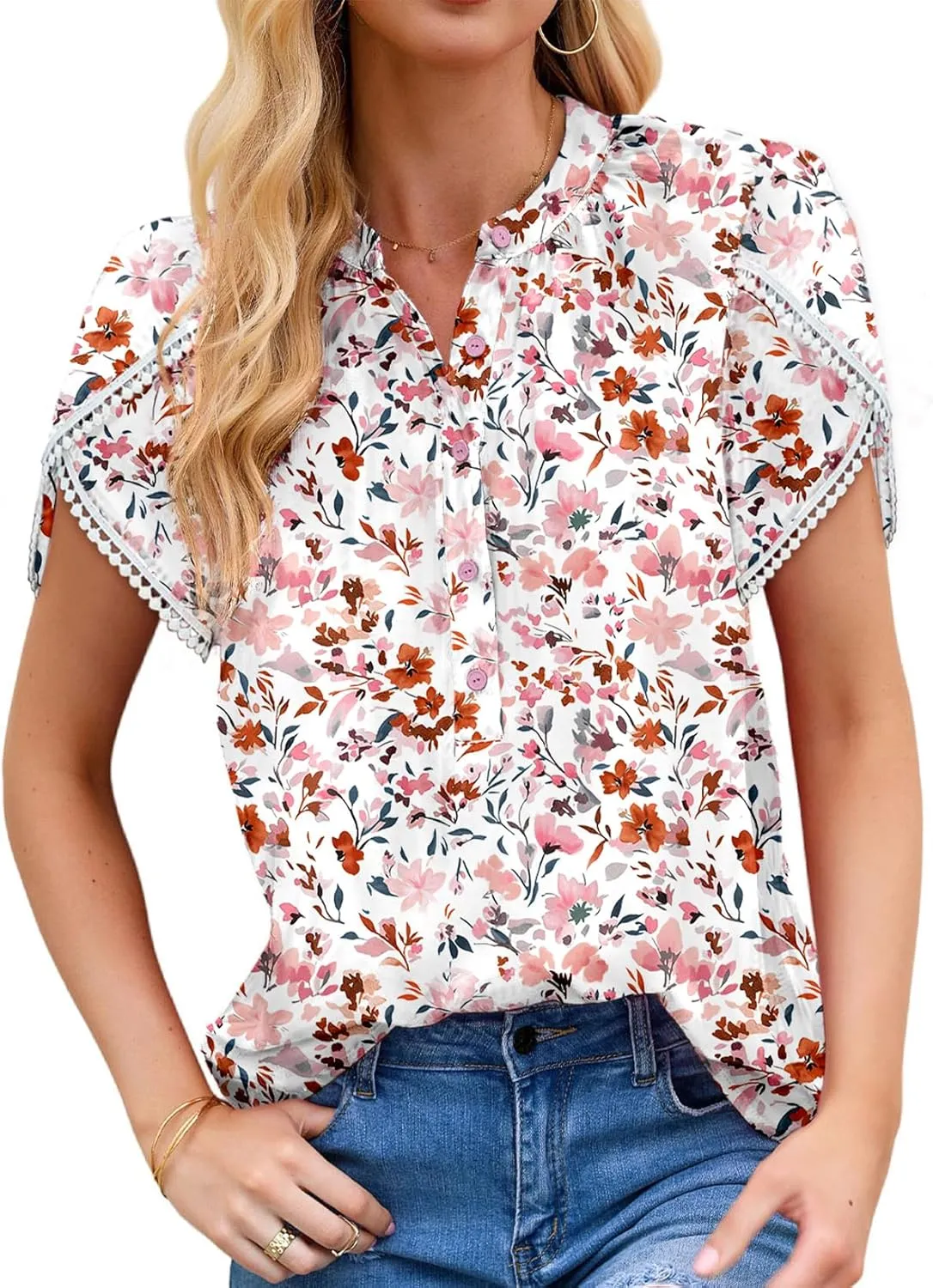 Dokotoo Womens Tops Summer Casual Boho Floral Print Short Sleeve Half Button Down V Neck Chiffon Blouses Shirts