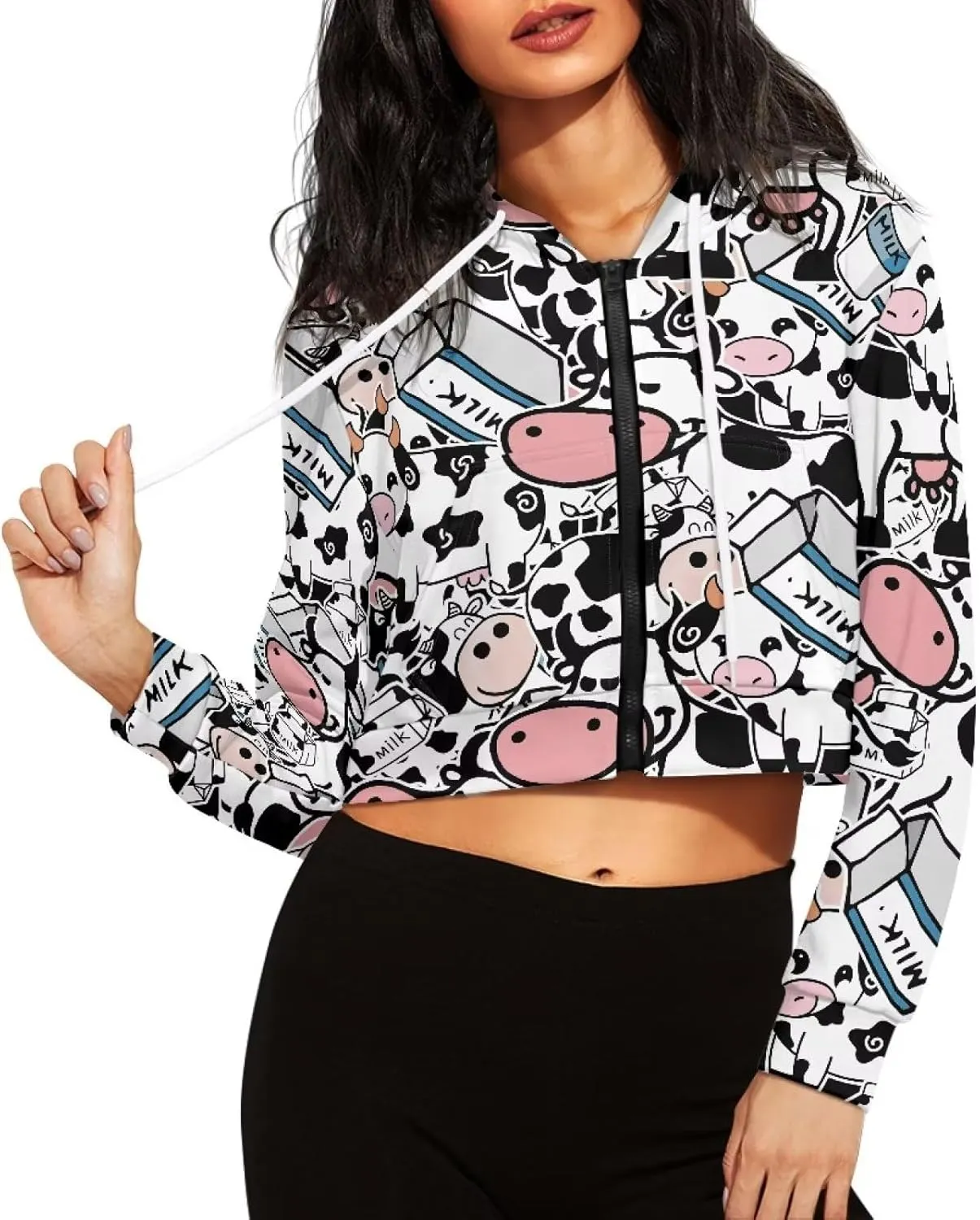 Dolyues Women's Cropped Hoodies Full-Zip Sweatshirt Crop Top Long Sleeves Hooded Jacket Coat Outwear with Pockets