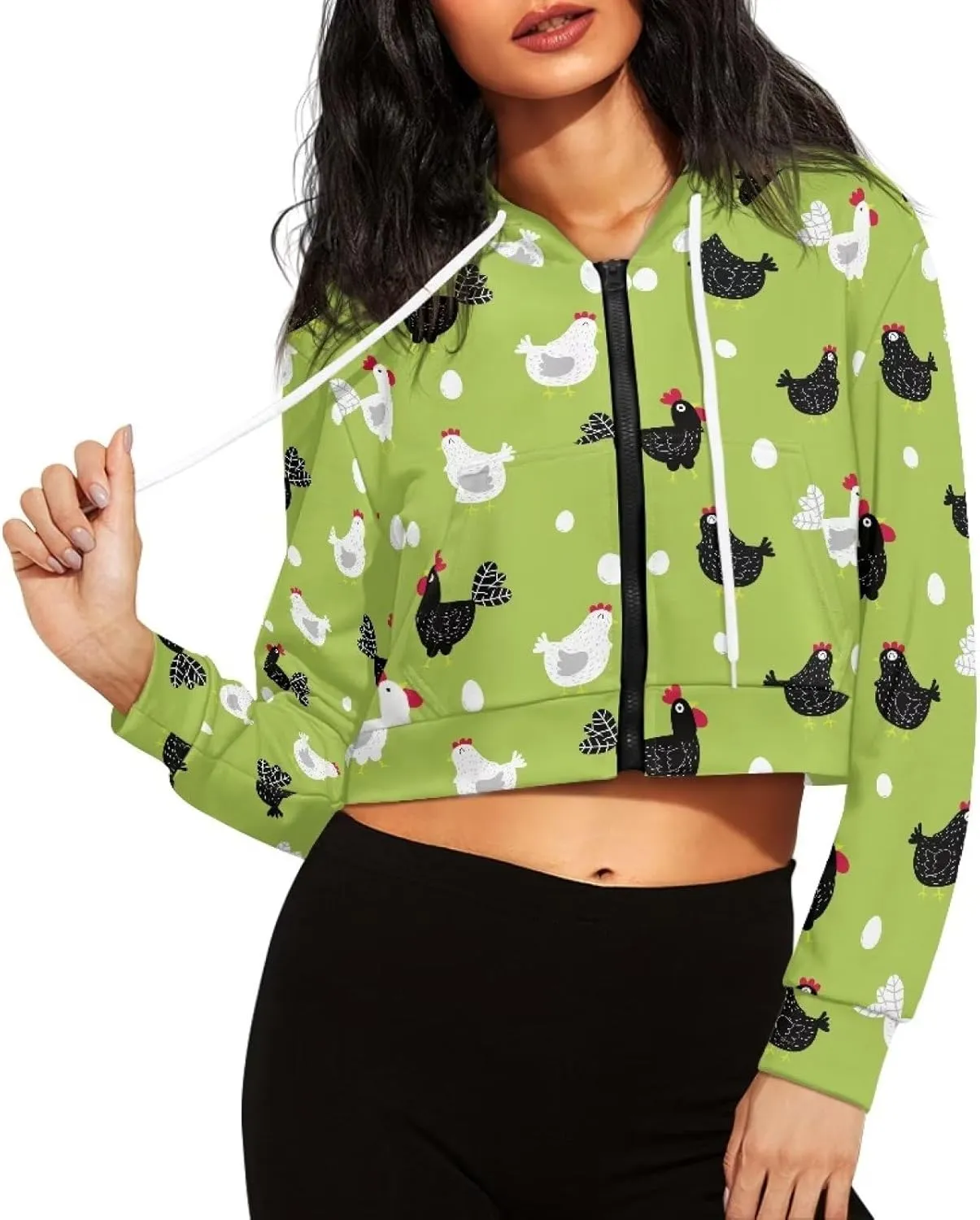 Dolyues Women's Zip Up Hoodie Graphic Drawstring Hooded Sweatshirt Tops Long Sleeve Casual Cropped Jacket Coat with Pockets
