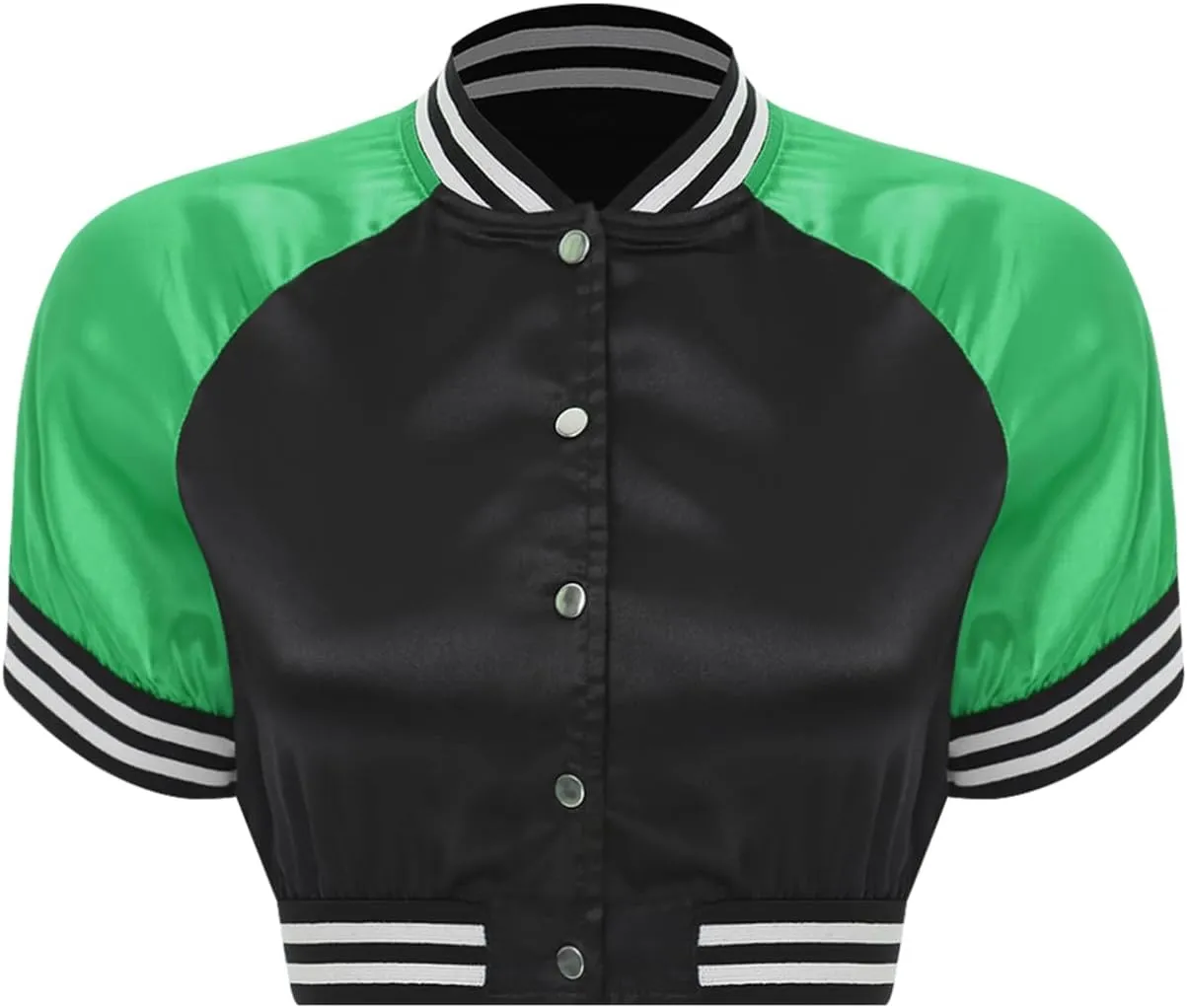easyforever Women's Satin Cropped Bomber Jacket Button Up Striped Edge Contrast Outerwear Clubwear