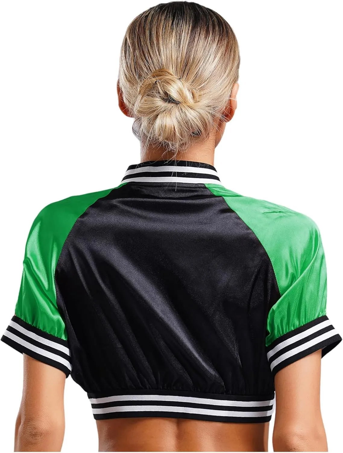 easyforever Women's Satin Cropped Bomber Jacket Button Up Striped Edge Contrast Outerwear Clubwear
