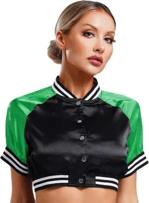 easyforever Women's Satin Cropped Bomber Jacket Button Up Striped Edge Contrast Outerwear Clubwear