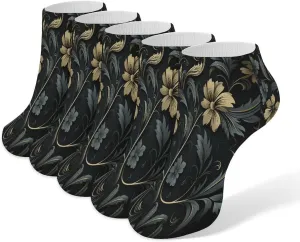 Elegant Black Flowers 5 Pairs Ankle Socks Comfort Athletic Socks Low Cut Breathable Casual Sock for Unisex