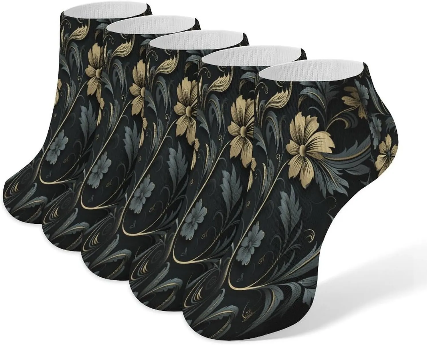 Elegant Black Flowers 5 Pairs Ankle Socks Comfort Athletic Socks Low Cut Breathable Casual Sock for Unisex