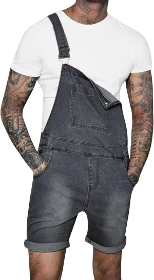 EsukAr Mens Denim Shorts Bib Overall Jean Romper Casual Loose Fit Walkshort Button Pockets Summer Jumpersuit
