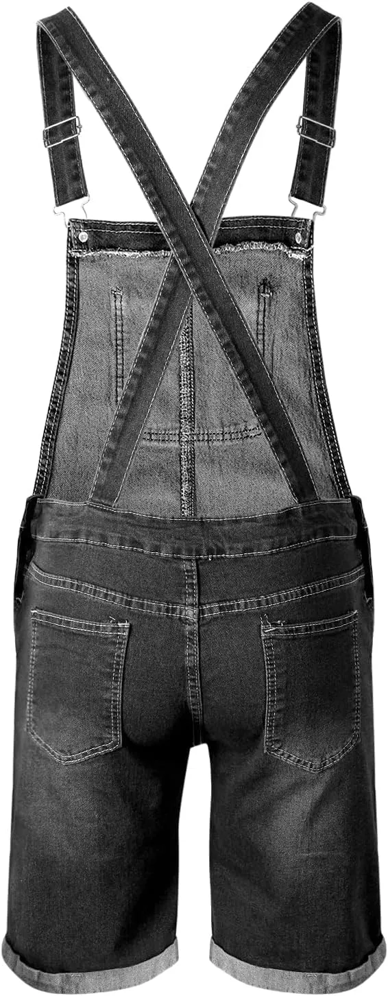EsukAr Mens Denim Shorts Bib Overall Jean Romper Casual Loose Fit Walkshort Button Pockets Summer Jumpersuit