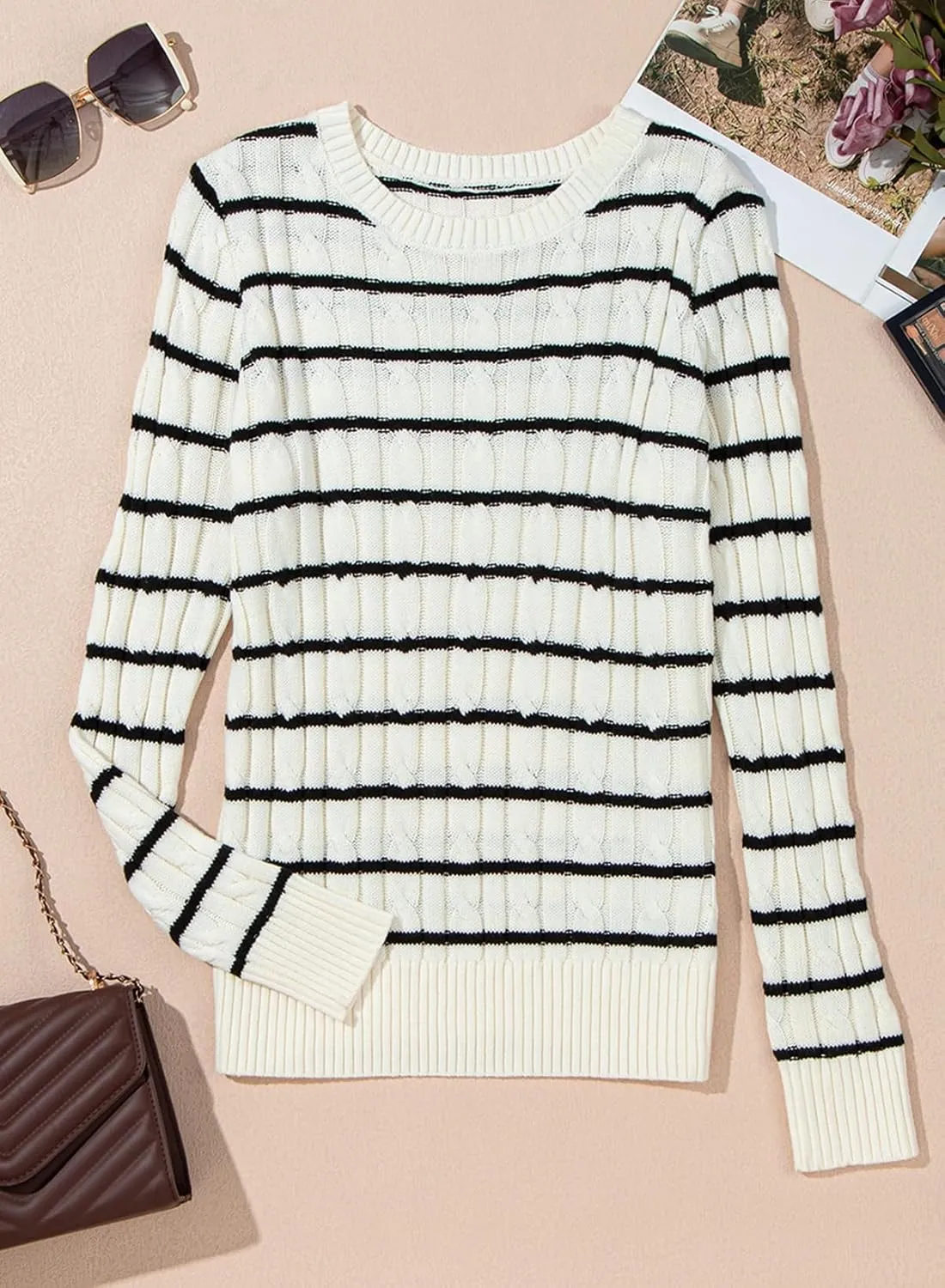 EVALESS Womens Cable Knitted Old Money Pullover Sweater Crewneck Business Casual Long Sleeve Tops