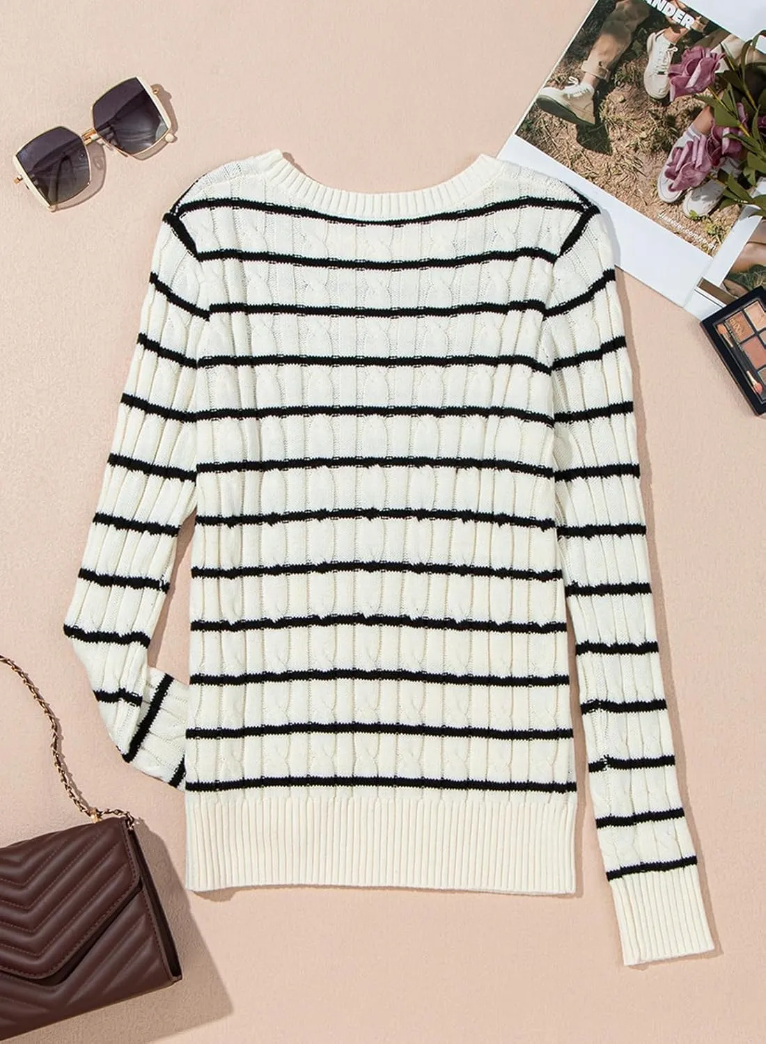 EVALESS Womens Cable Knitted Old Money Pullover Sweater Crewneck Business Casual Long Sleeve Tops