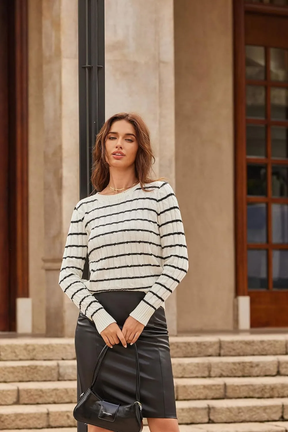 EVALESS Womens Cable Knitted Old Money Pullover Sweater Crewneck Business Casual Long Sleeve Tops