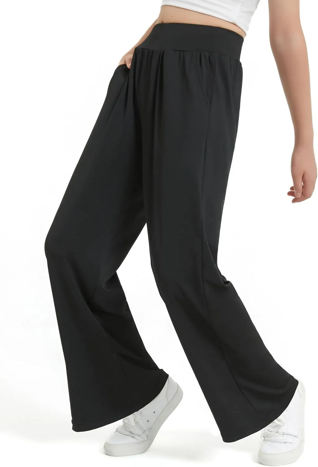 EXARUS 3 Pack Girls Lightweight Baggy Pants Straight/Tapered Wide Leg Pants Elastic Waist Flowy Pants with Pockets 6-14Y