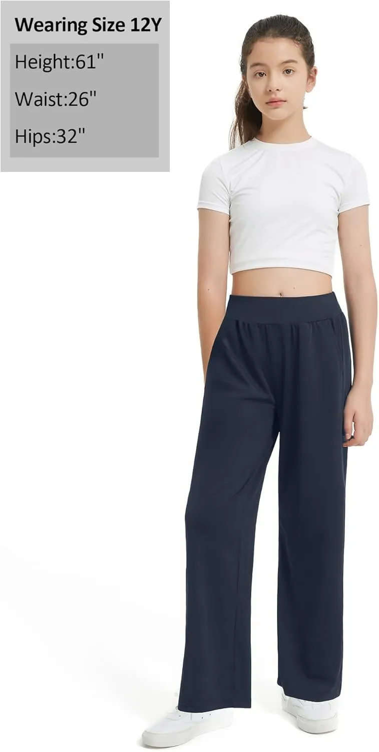 EXARUS 3 Pack Girls Lightweight Baggy Pants Straight/Tapered Wide Leg Pants Elastic Waist Flowy Pants with Pockets 6-14Y