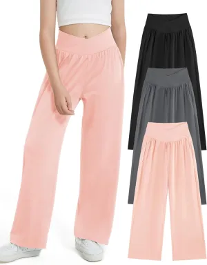EXARUS 3 Pack Girls Lightweight Baggy Pants Straight/Tapered Wide Leg Pants Elastic Waist Flowy Pants with Pockets 6-14Y
