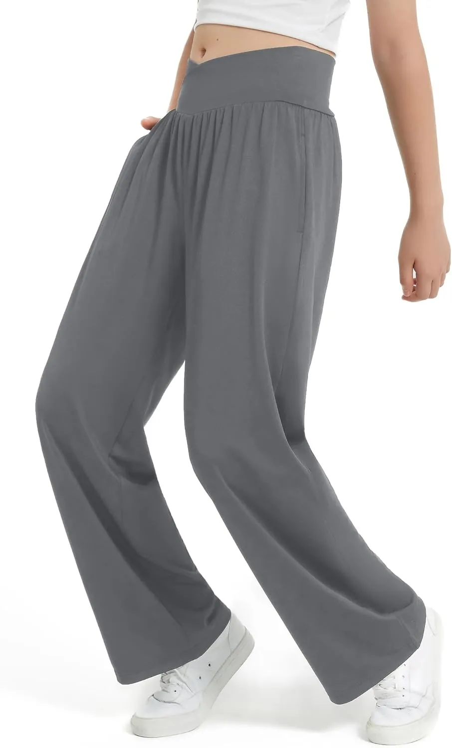 EXARUS 3 Pack Girls Lightweight Baggy Pants Straight/Tapered Wide Leg Pants Elastic Waist Flowy Pants with Pockets 6-14Y