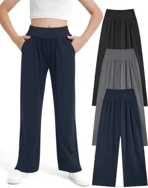 EXARUS 3 Pack Girls Lightweight Baggy Pants Straight/Tapered Wide Leg Pants Elastic Waist Flowy Pants with Pockets 6-14Y