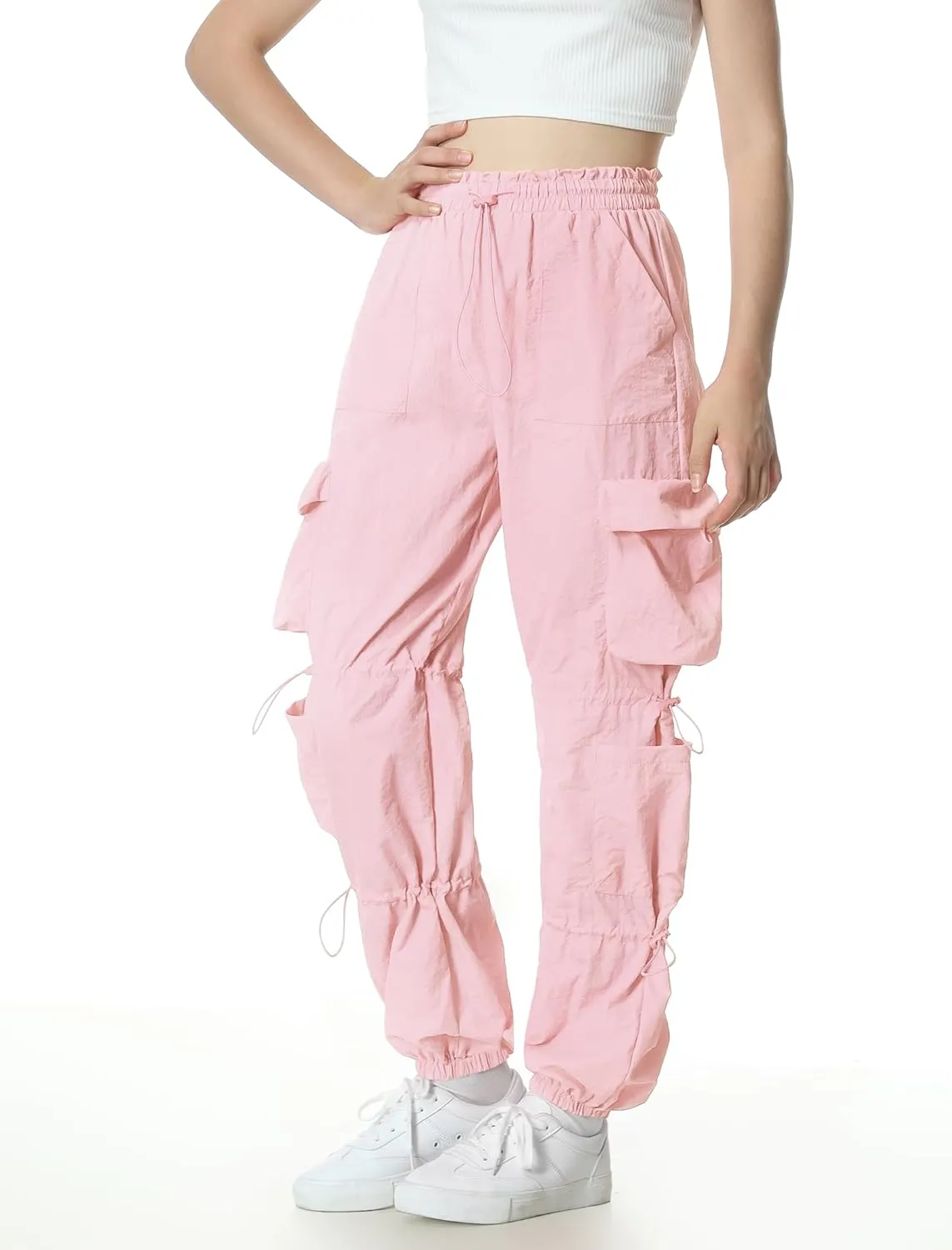 EXARUS Girls Parachute Pants Cargo Baggy Hip Hop Drawstring with Pockets Elastic Y2K for Kids 8-14Y