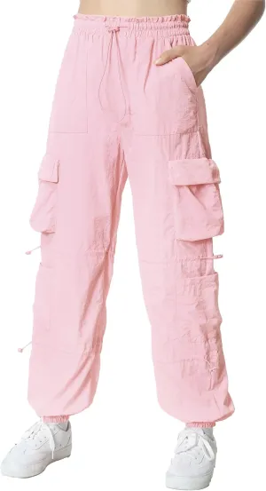 EXARUS Girls Parachute Pants Cargo Baggy Hip Hop Drawstring with Pockets Elastic Y2K for Kids 8-14Y