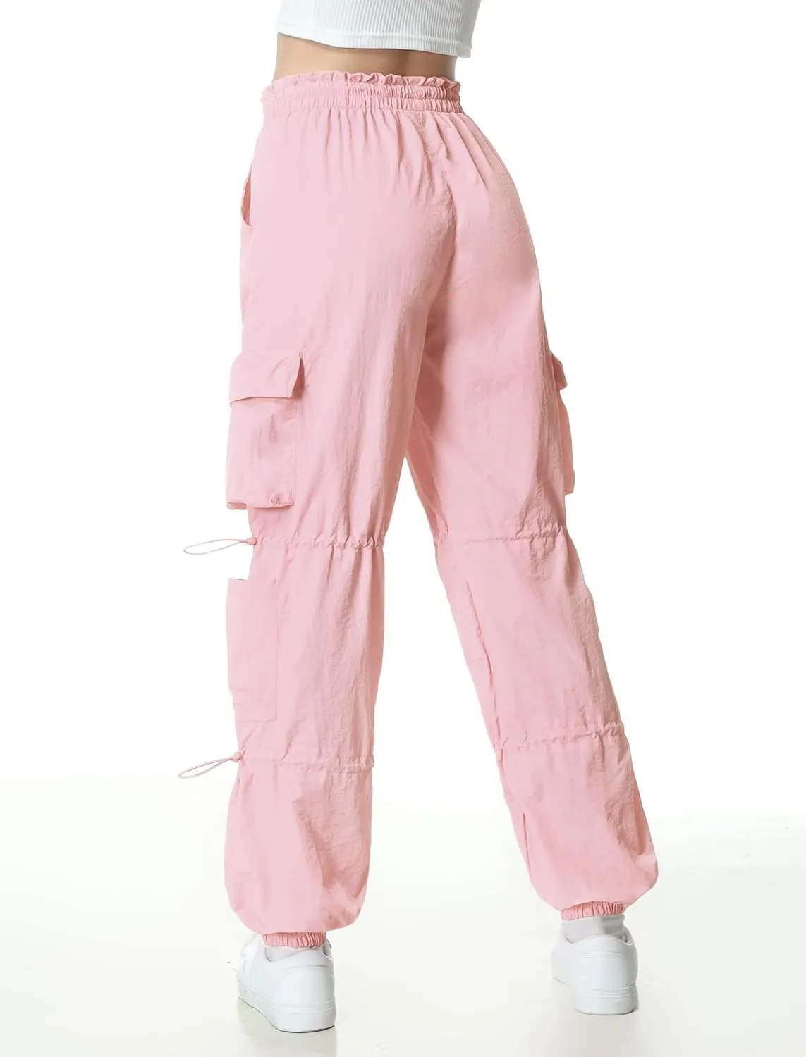 EXARUS Girls Parachute Pants Cargo Baggy Hip Hop Drawstring with Pockets Elastic Y2K for Kids 8-14Y