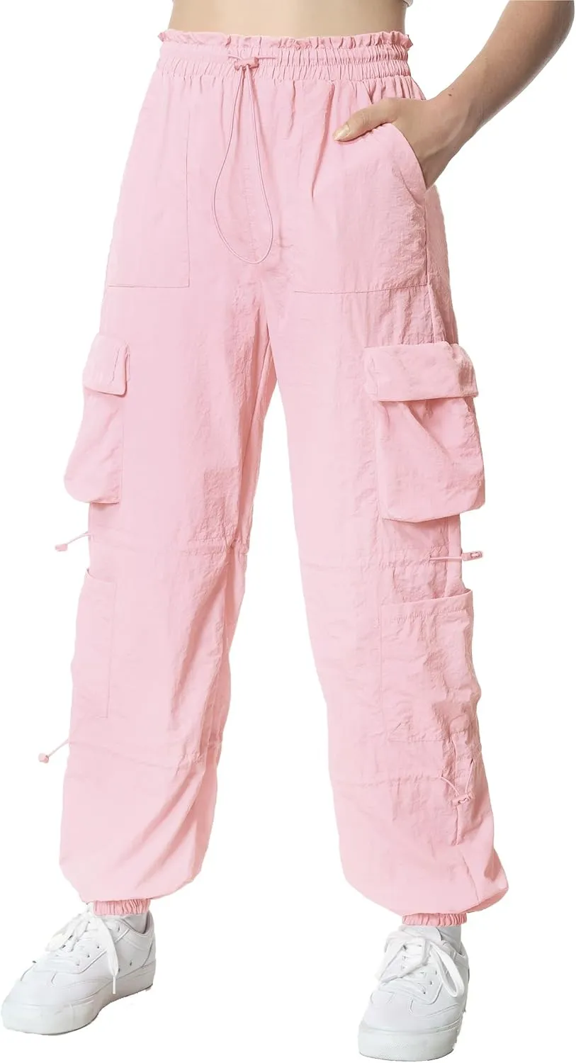 EXARUS Girls Parachute Pants Cargo Baggy Hip Hop Drawstring with Pockets Elastic Y2K for Kids 8-14Y