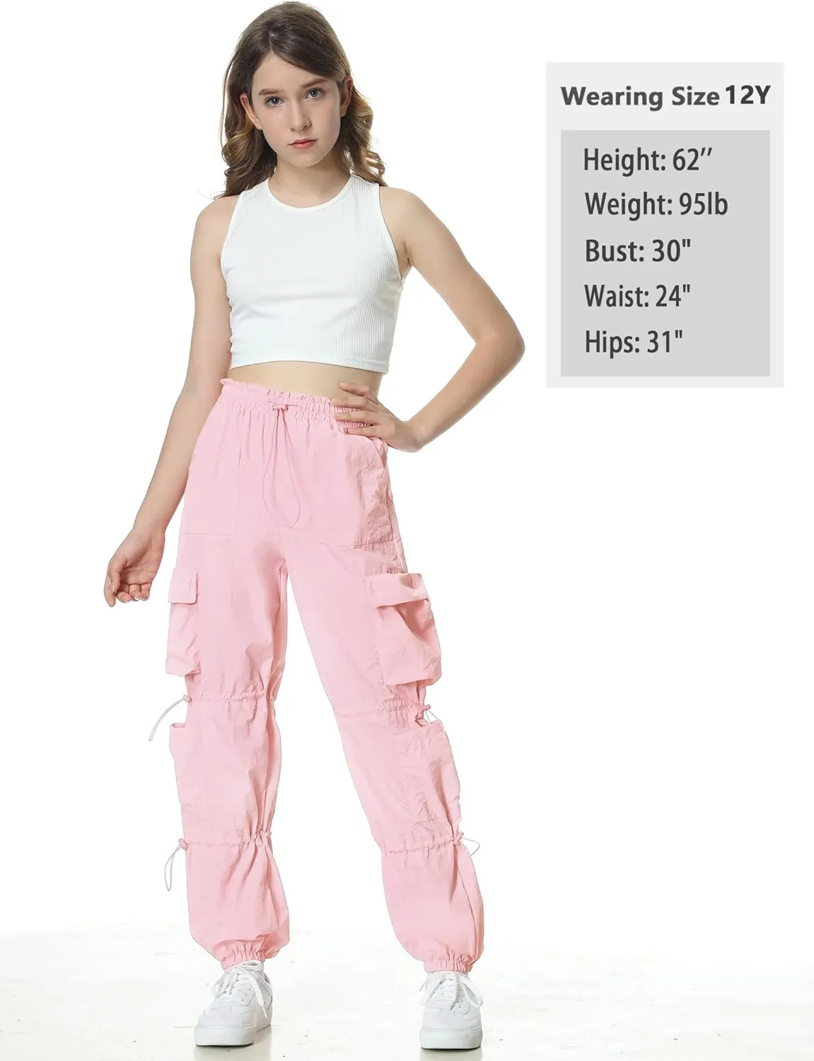 EXARUS Girls Parachute Pants Cargo Baggy Hip Hop Drawstring with Pockets Elastic Y2K for Kids 8-14Y