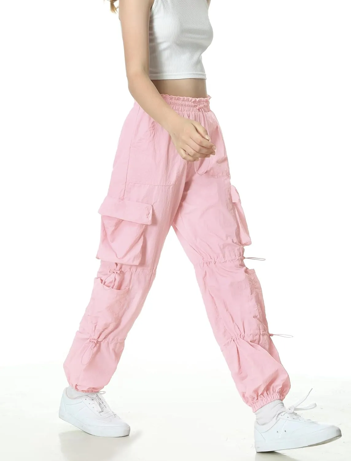 EXARUS Girls Parachute Pants Cargo Baggy Hip Hop Drawstring with Pockets Elastic Y2K for Kids 8-14Y