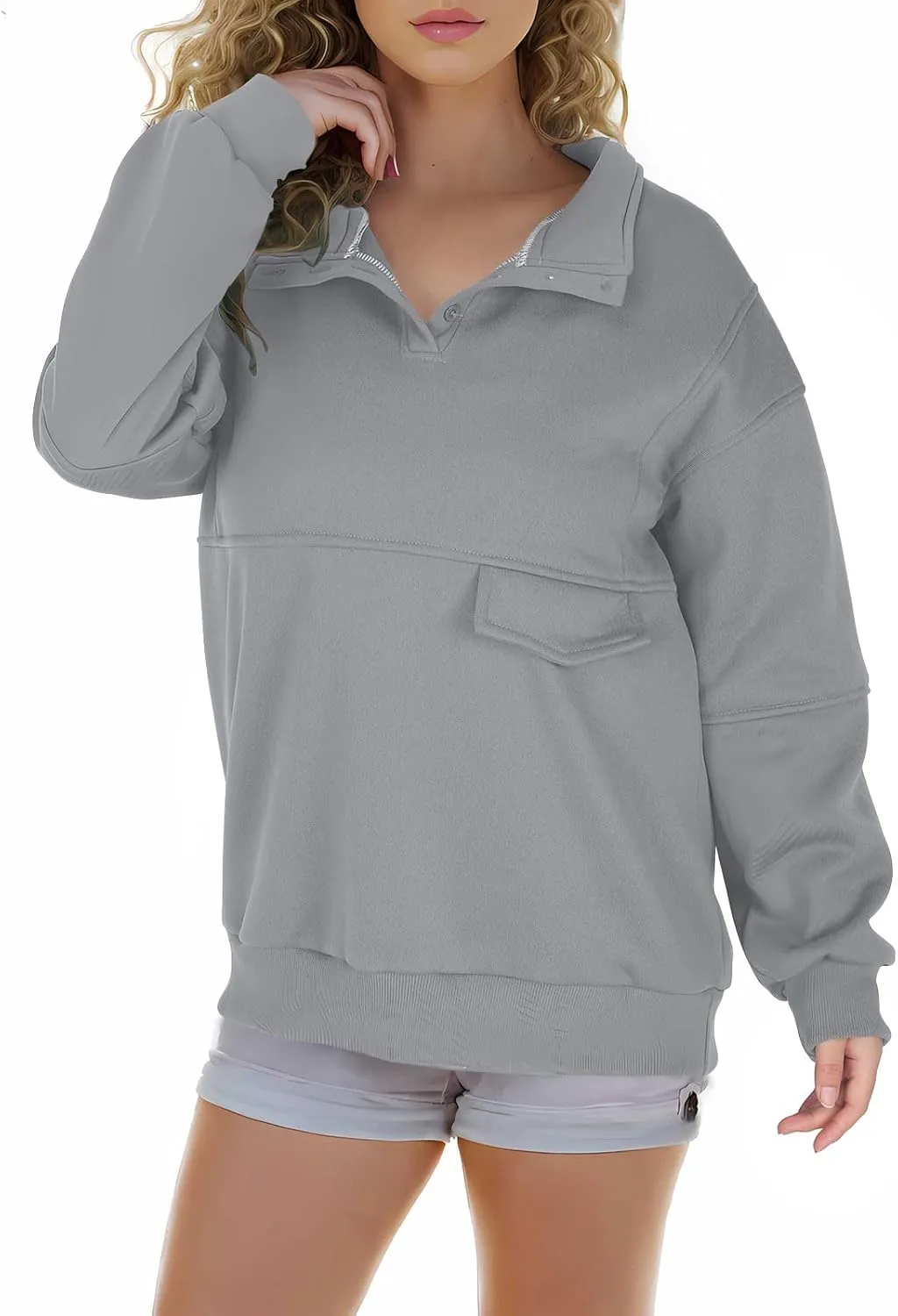 Fall Sweatshirts For Women 2024 Long Sleeve Casual Fleece Pullover Shirts Solid Color Button Down Loose Tunic Tops