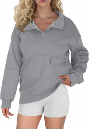 Fall Sweatshirts For Women 2024 Long Sleeve Casual Fleece Pullover Shirts Solid Color Button Down Loose Tunic Tops