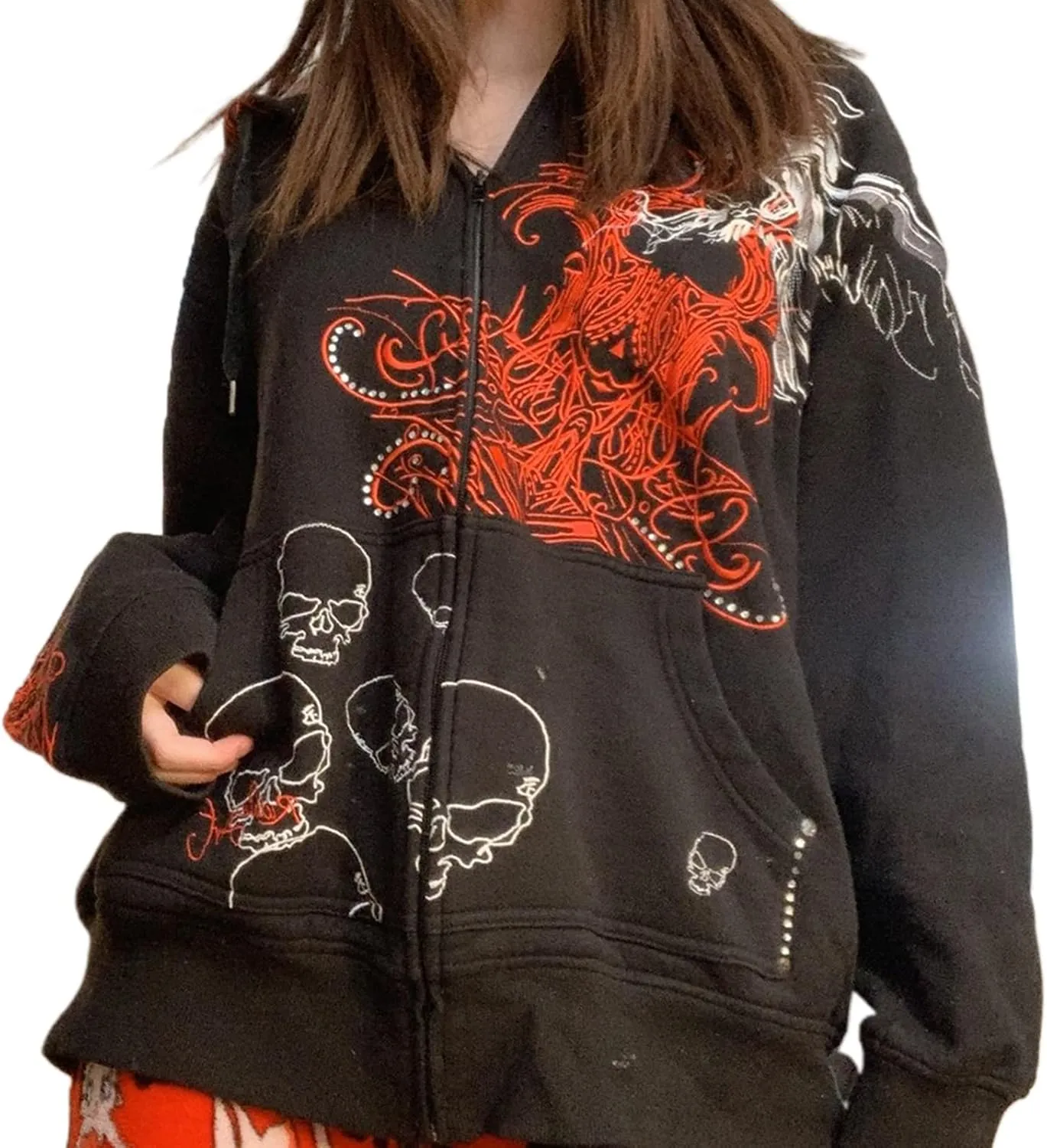 Faretumiya Women Y2k Hoodie Graphic Oversized Zip Up Sweatshirt Grunge Aesthetic Jacket Harajuku Hooded Streetwear